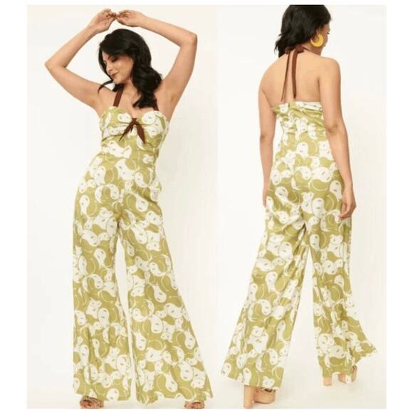 Unique Vintage x Smiley Ying Yang Green Flowy Wide Leg Halter Jumpsuit M NWT - Picture 1 of 4